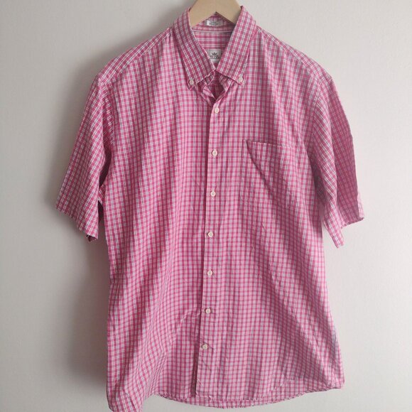 Peter Millar Men's Button Down Plaid Shirt L Red White Short Sleeve 100% Cotton - Picture 1 of 8